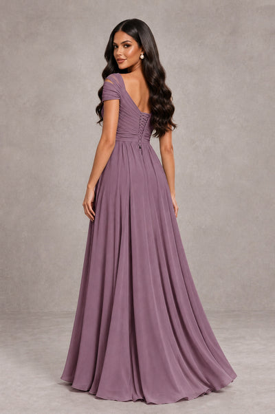 BOLODOO Wisteria Cold Shoulder Chiffon Evening Dress with V Neck and High Slit - Wisteria - Wisteria_2
