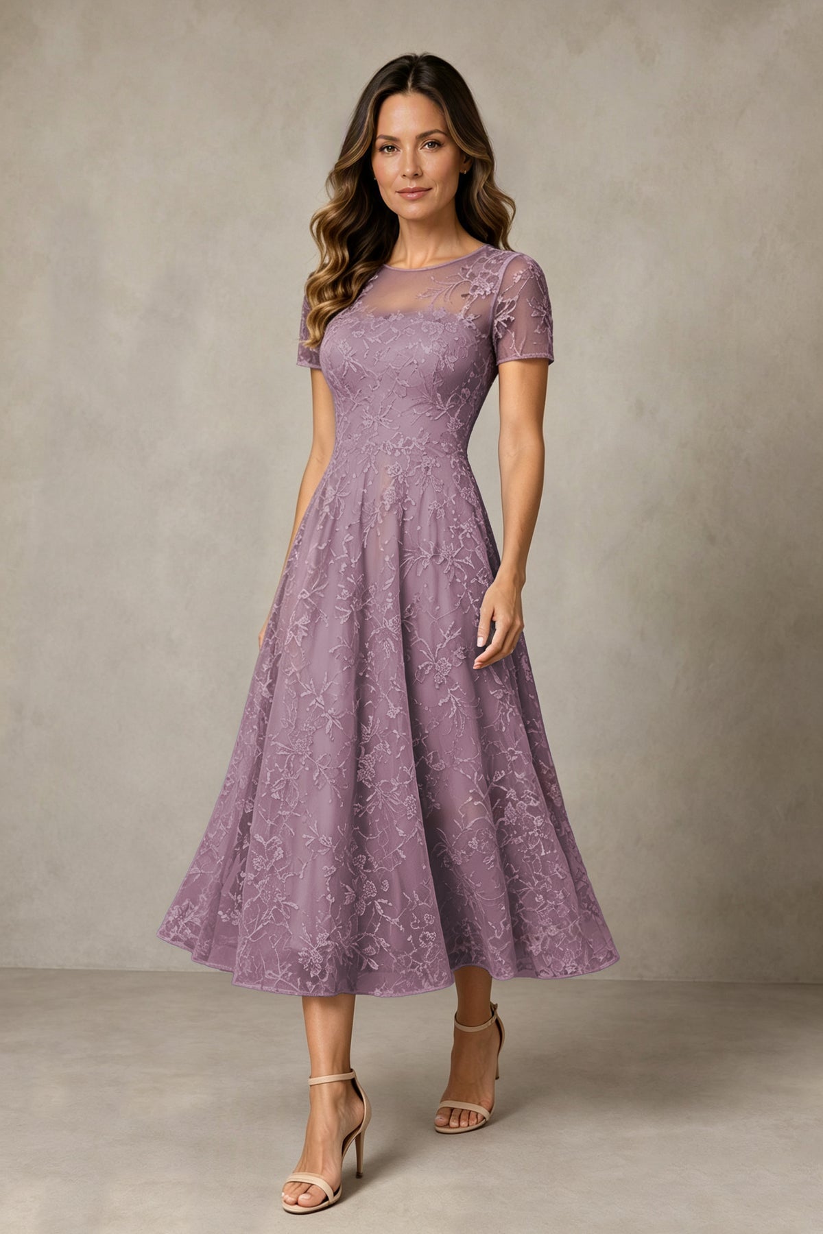 BOLODOO Wisteria Textured Floral A-Line Dress with Short Sleeves - Wisteria