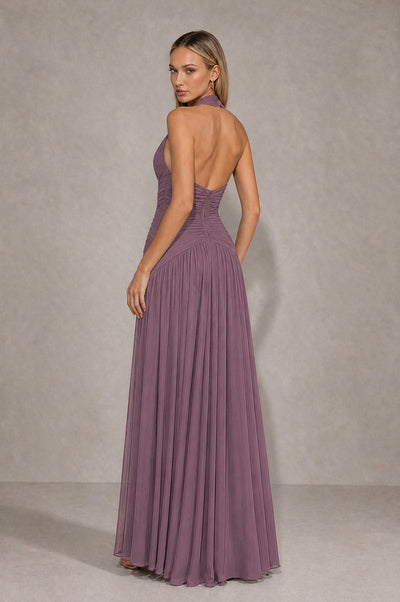 BOLODOO Wisteria Chiffon Halter Deep V-Neck Ruched A-Line Backless Maxi Dress with Train-BD0167 - Wisteria - Wisteria_2