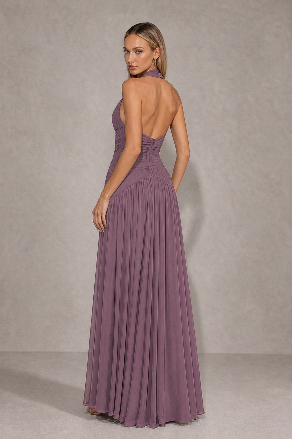 BOLODOO Wisteria Chiffon Halter Deep V-Neck Ruched A-Line Backless Maxi Dress with Train-BD0167 - Wisteria - Wisteria_2