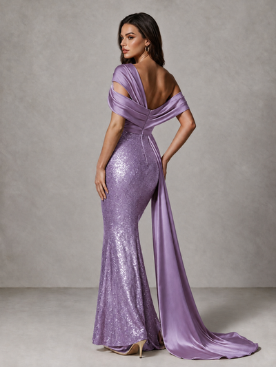 BOLODOO Wisteria Sequin Mermaid Evening Dress with Off-Shoulder Satin Drape and Sweep Train - Wisteria - Wisteria_2