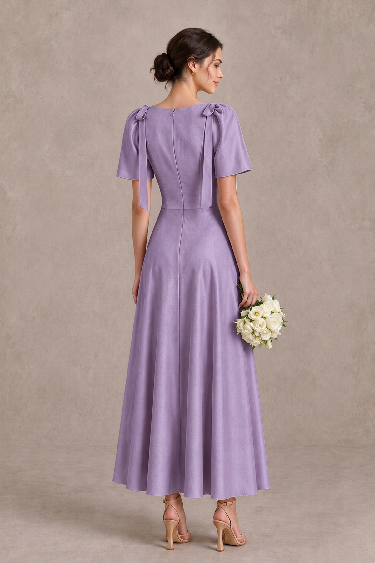 BOLODOO Wisteria V-Neck Short Sleeve Satin-Look Bridesmaid Dress with Shoulder Bows - Wisteria - Wisteria_2