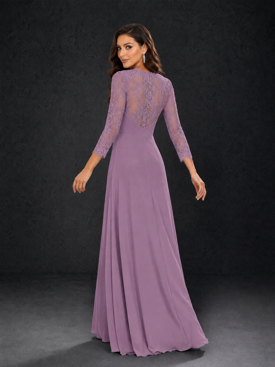 BOLODOO Wisteria Lace Sleeve V-Neck Floral Waist Chiffon A-Line Maxi Dress - Wisteria