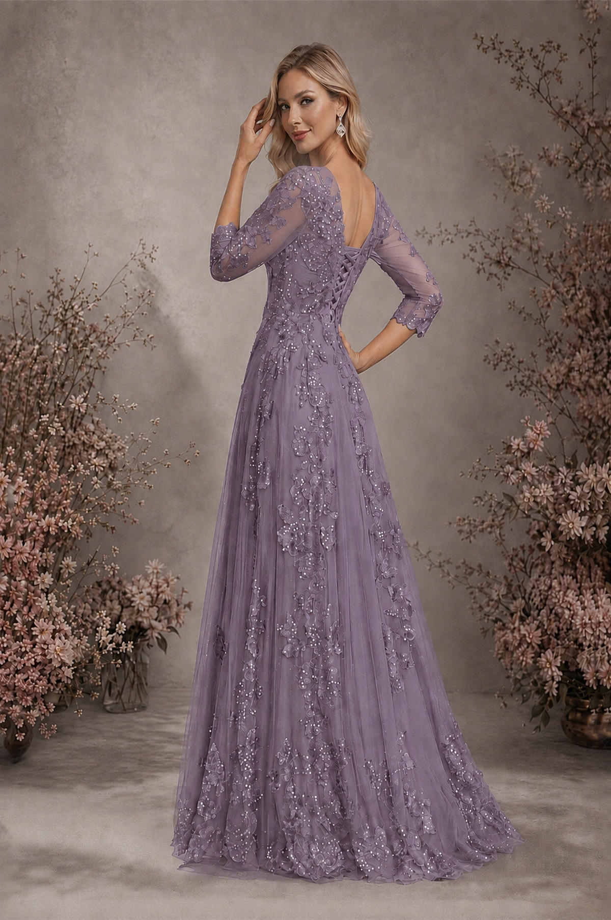 BOLODOO Wisteria Sequin Lace 3/4 Sleeve Open Back Formal Evening Gown - Wisteria