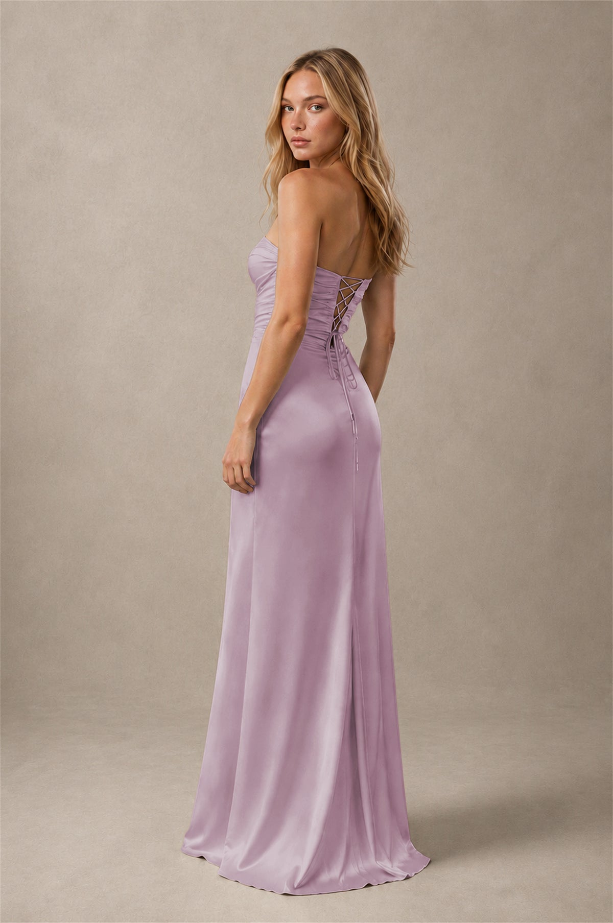 BOLODOO Wisteria Sweetheart Strapless Twist Knot Cutout Lace-Up Back Satin Mermaid Maxi Dress - Wisteria - Wisteria(2)