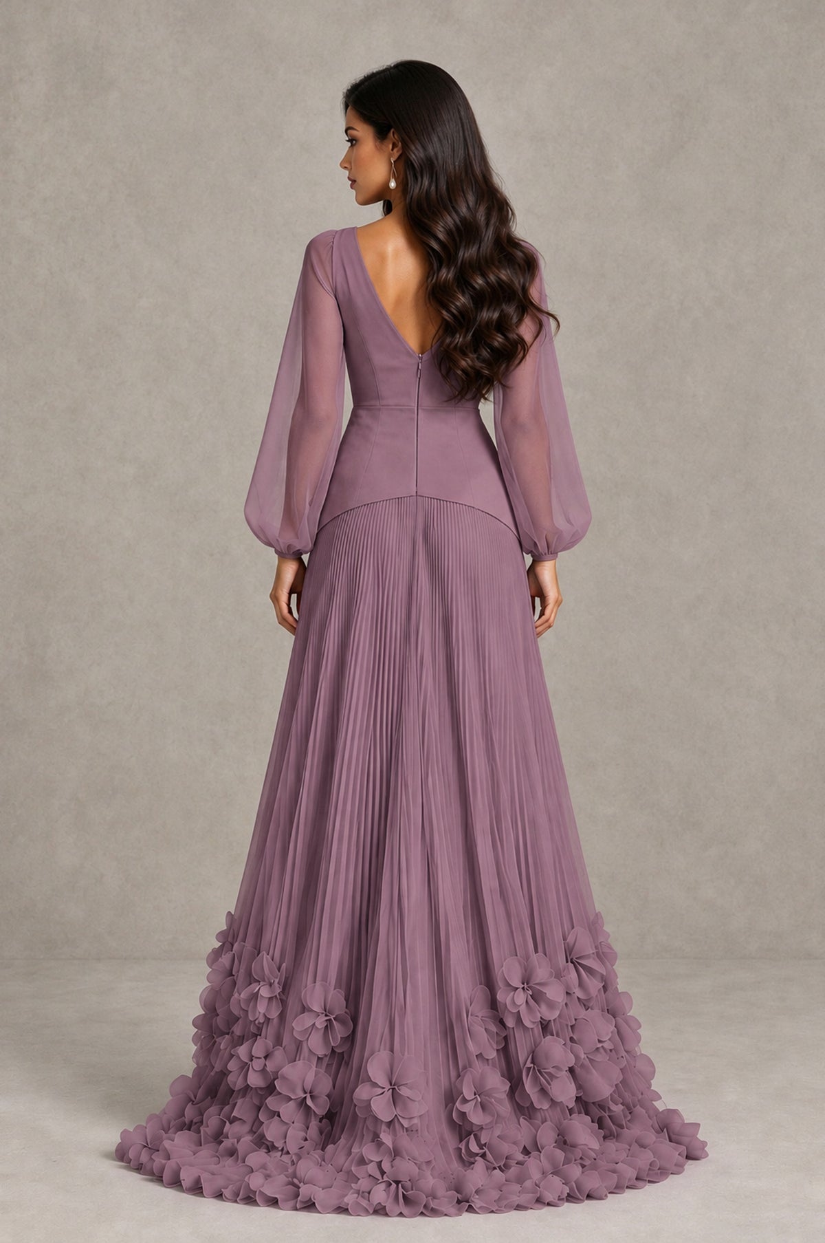 BOLODOO Wisteria V-Neck Long Sleeve Pleated Floral Hem Evening Dress - Wisteria - Wisteria_2