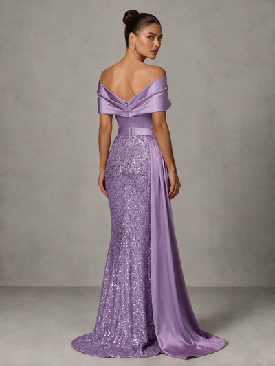 BOLODOO Wisteria Sequin Mermaid Evening Dress with Off-Shoulder Satin Drape and Sweep Train - Wisteria - Wisteria_2