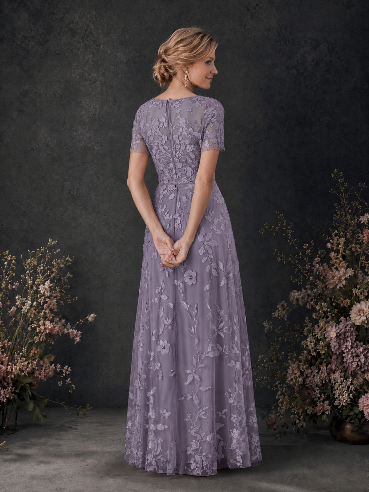 BOLODOO Wisteria 3D Floral Embroidered Lace V-Neck Short Sleeve A-Line Maxi Dress - Wisteria