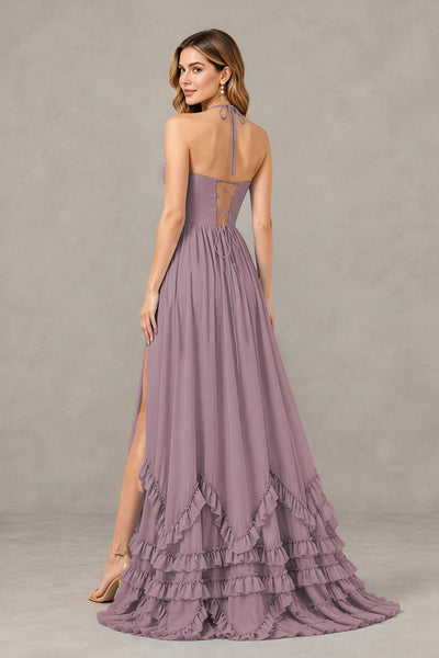 BOLODOO Wisteria Halter Ruffle Hem A-Line Bridesmaid Dress with High Slit - Wisteria - Wisteria(2)