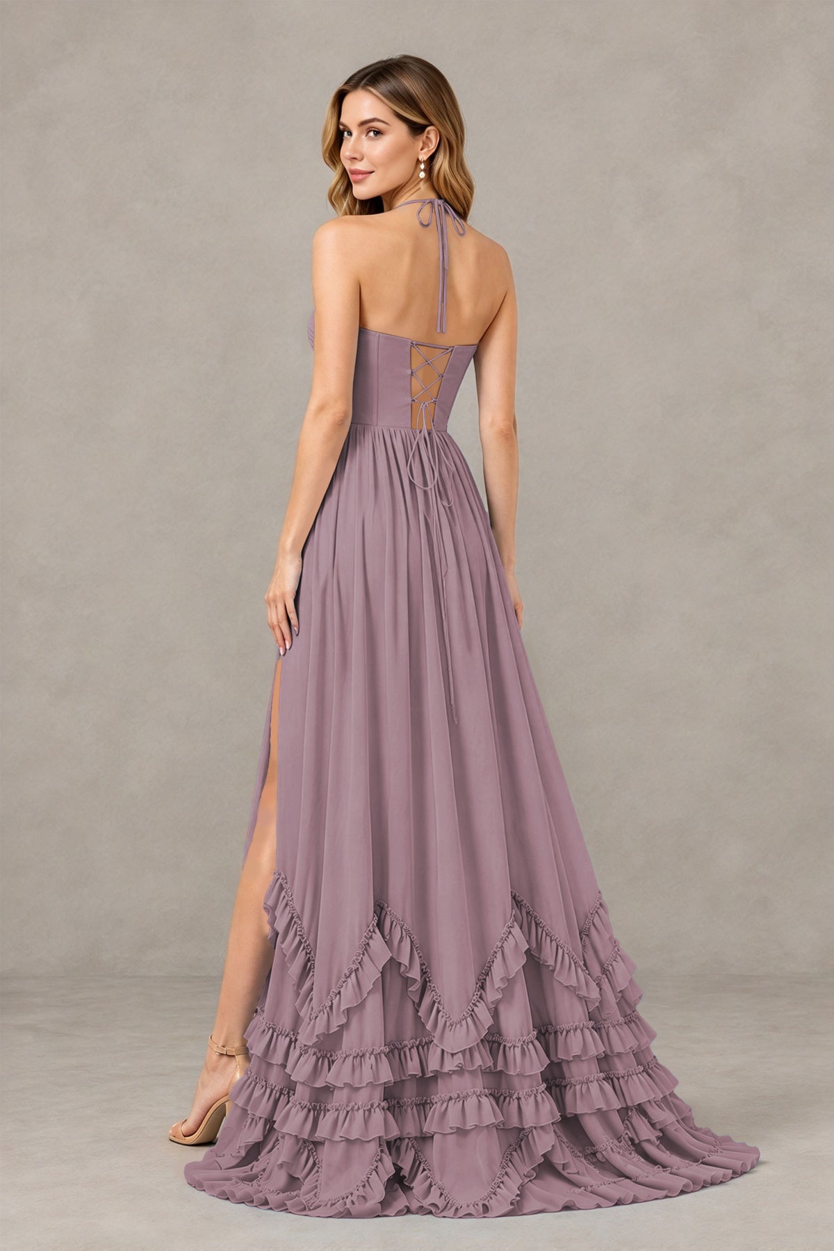 BOLODOO Wisteria Halter Ruffle Hem A-Line Bridesmaid Dress with High Slit - Wisteria - Wisteria(2)