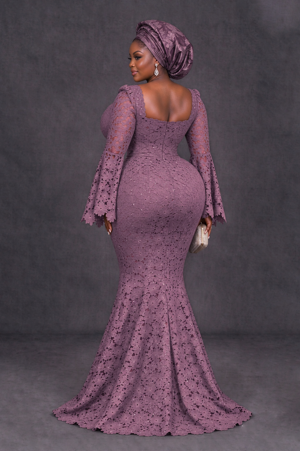 BOLODOO Wisteria African Lace Mermaid Dress, Plus Size Nigerian Wedding Guest Gown with Bell Sleeves - Wisteria - Wisteria_2