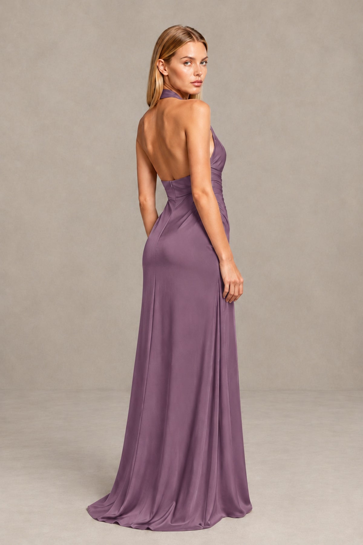 BOLODOO Wisteria Twisted Halter Neck Ruched Sleeveless Open Back Floor-Length Gown - Wisteria - Wisteria_2