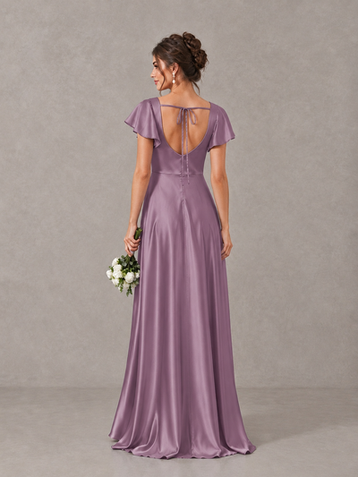 BOLODOO Wisteria Satin Square Neck Flutter Sleeve A-Line Bridesmaid Dress with Slit - Wisteria - Wisteria_2