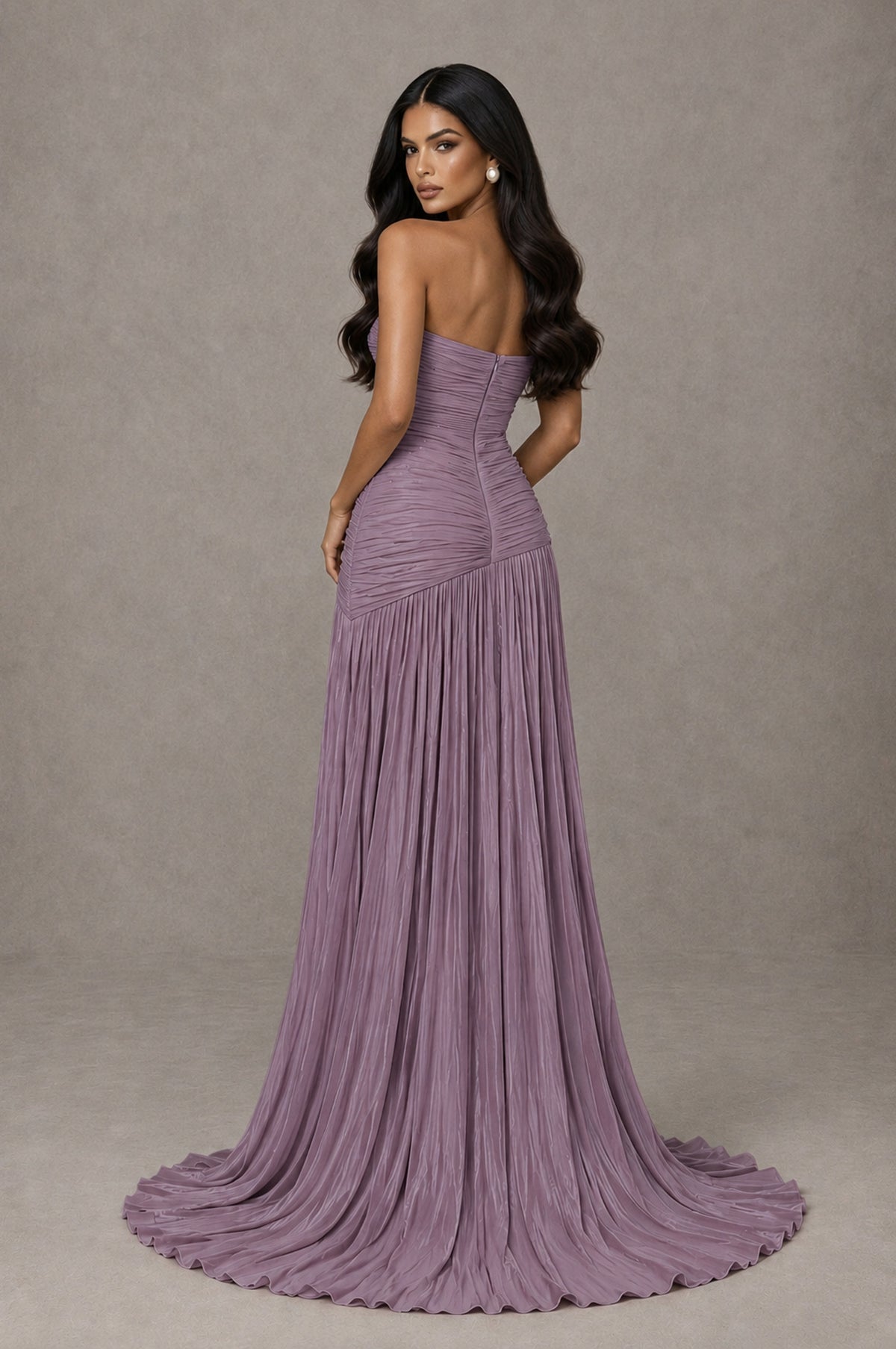 BOLODOO Wisteria Metallic Ruched Strapless Pleated A-Line Backless Maxi Dress with Train - Wisteria - Wisteria_2