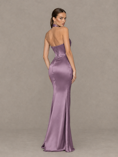 BOLODOO Wisteria Cross-Halter Ruched Satin-Look Evening Gown with High Slit - Wisteria - Wisteria_2