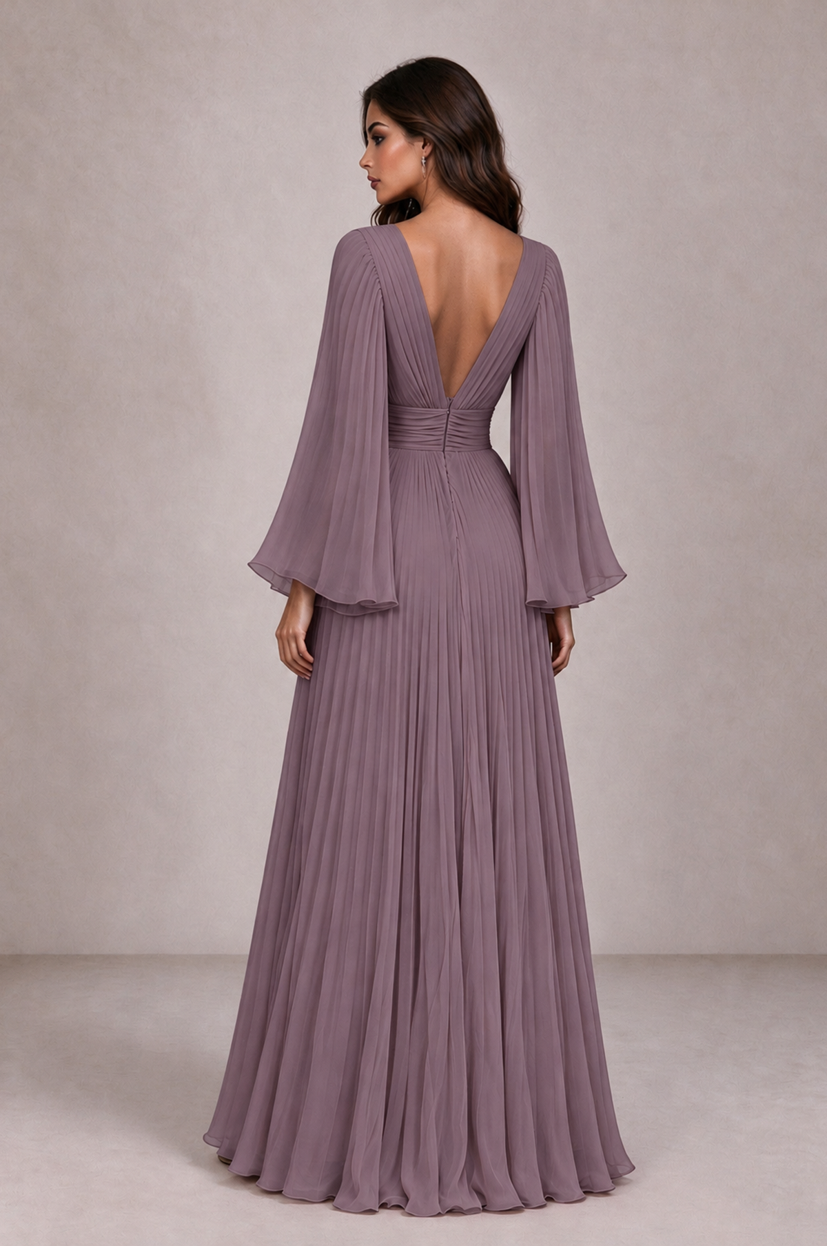 BOLODOO Wisteria Pleated Deep V-Neck Long Bell Sleeve Evening Dress - Wisteria - Wisteria_2