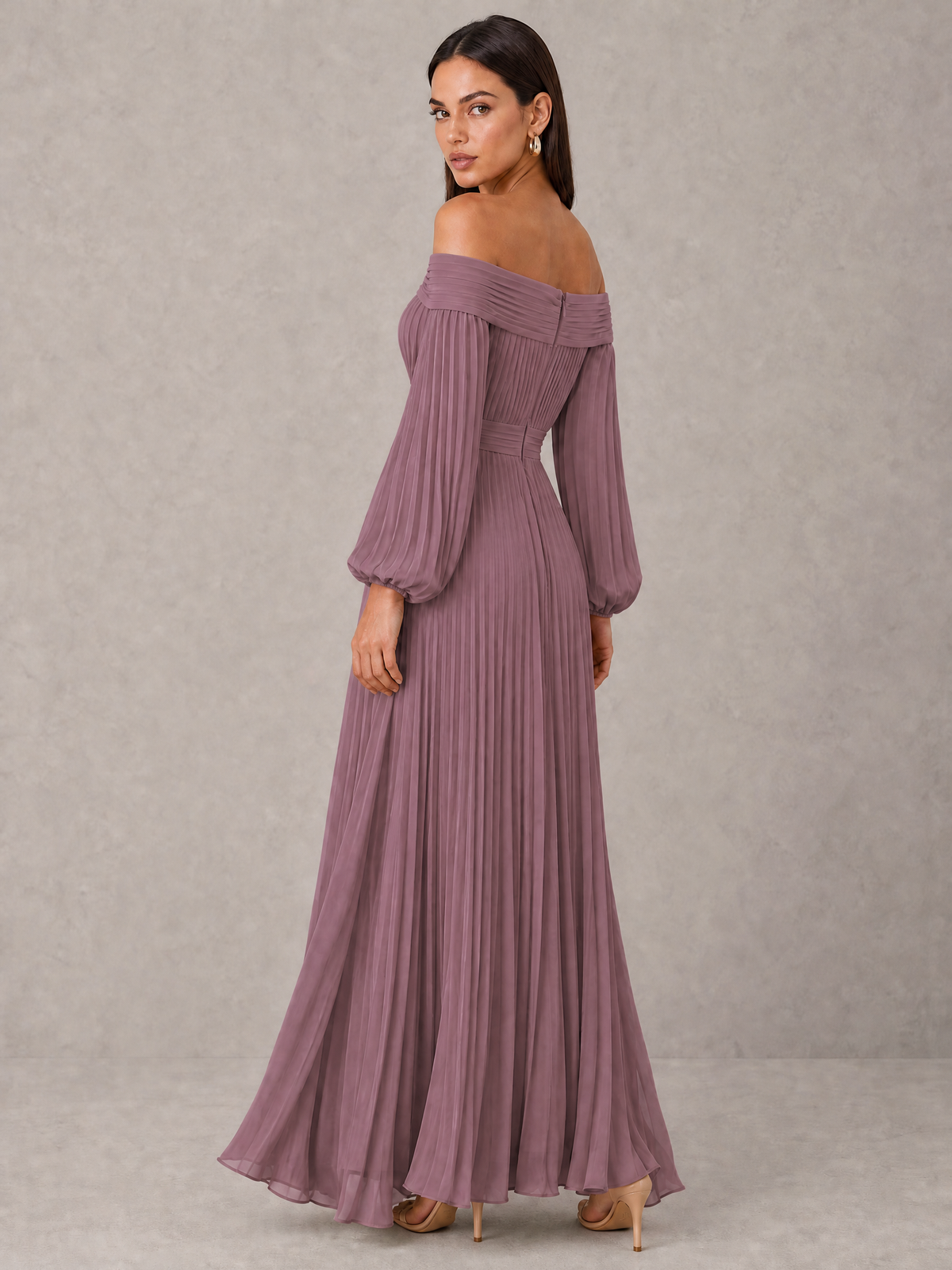 BOLODOO Wisteria Off-Shoulder Long Sleeve Pleated High-Low Dress - Wisteria - Wisteria_2