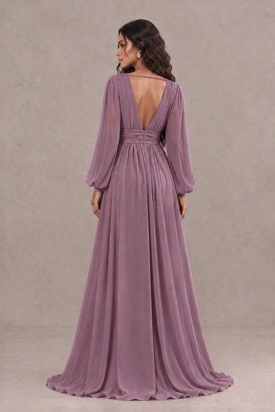 BOLODOO Wisteria Long Sleeve V-Neck A-Line Gown with Open Back & Slit - Wisteria - Wisteria_2