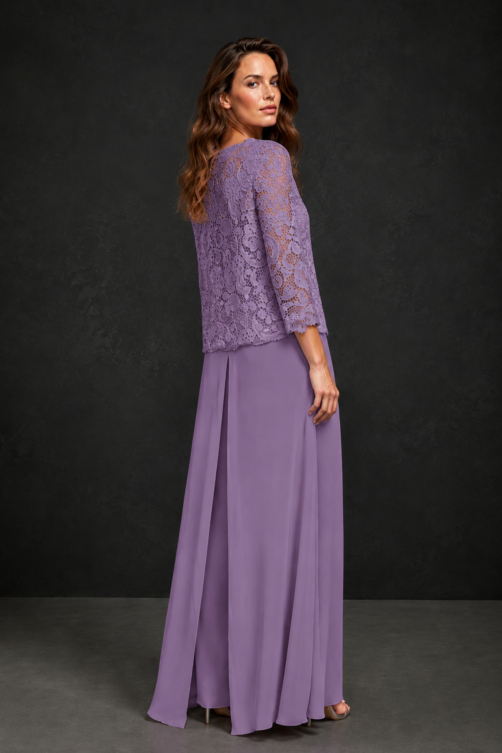 BOLODOO Wisteria Grey Lace Peplum Top & Wide-Leg Chiffon Pants Set | Mother of the Bride & Formal Evening Outfit - Wisteria