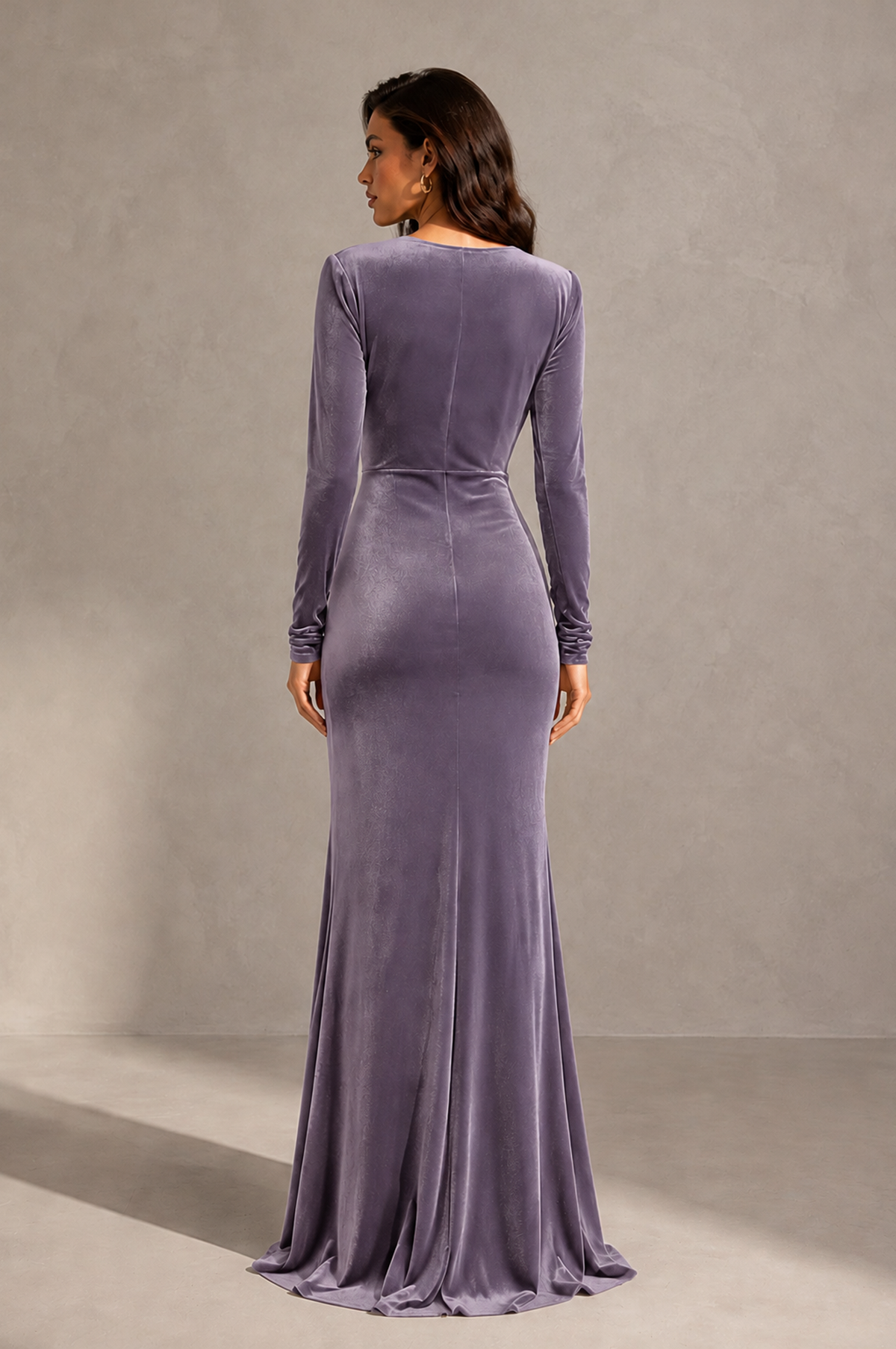 BOLODOO Wisteria Velvet Long Sleeve V-Neck Ruched Evening Gown - Wisteria