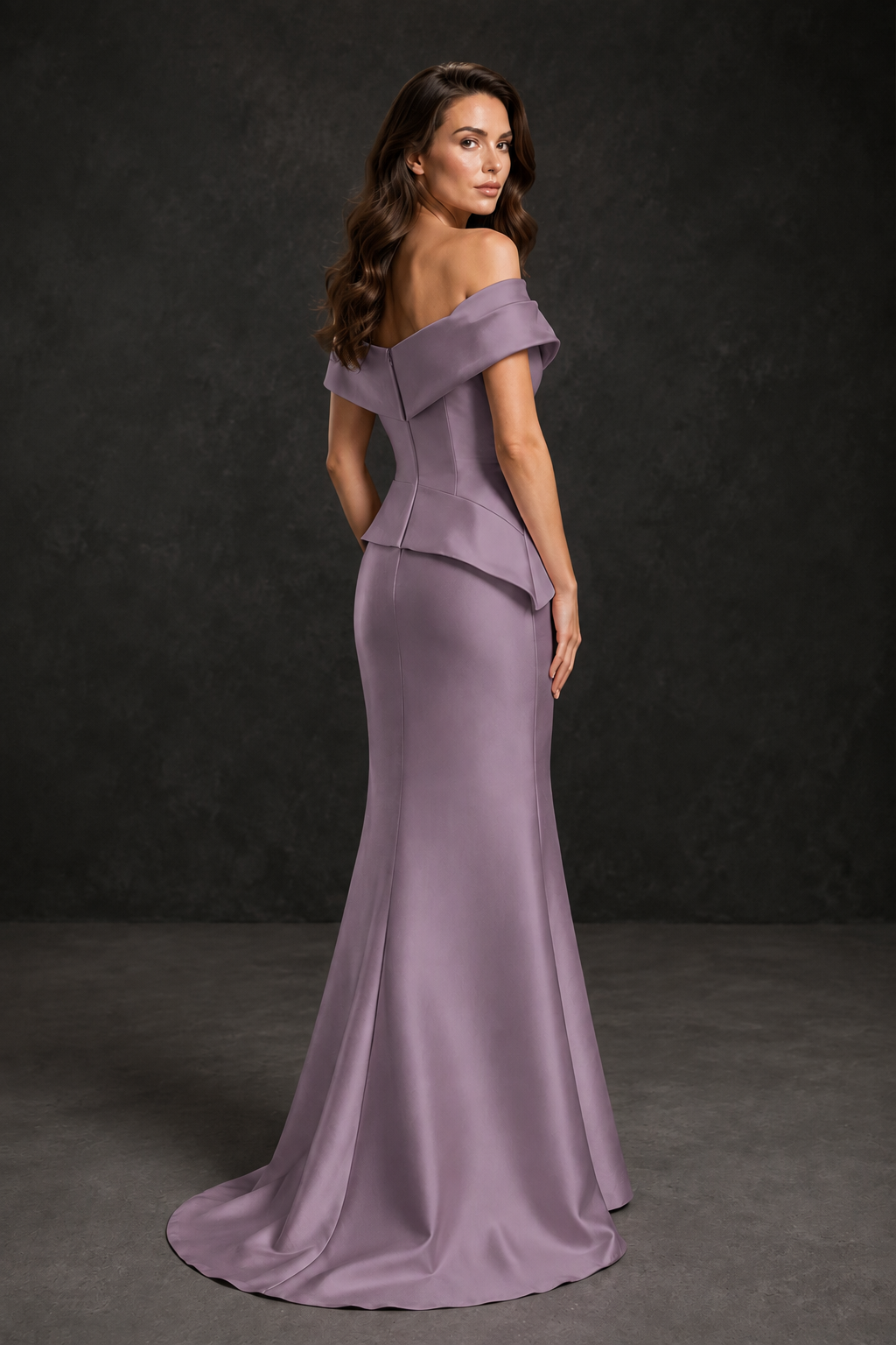 BOLODOO Wisteria Satin Off-Shoulder Sweetheart Asymmetric Peplum Mermaid Gown with Wisteria Floral Embroidery | MOB Evening Dress - Wisteria
