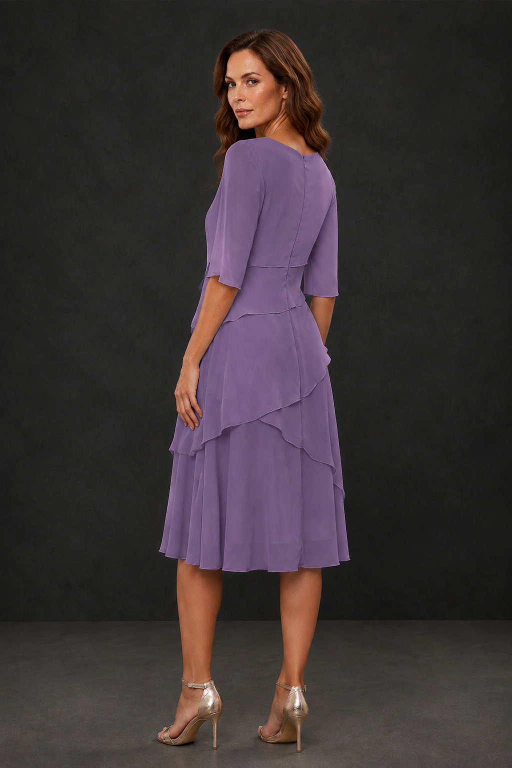BOLODOO Wisteria Chiffon 3/4 Sleeve Asymmetric Tiered Tea Length Dress | Mother of the Bride Midi Dress - Wisteria