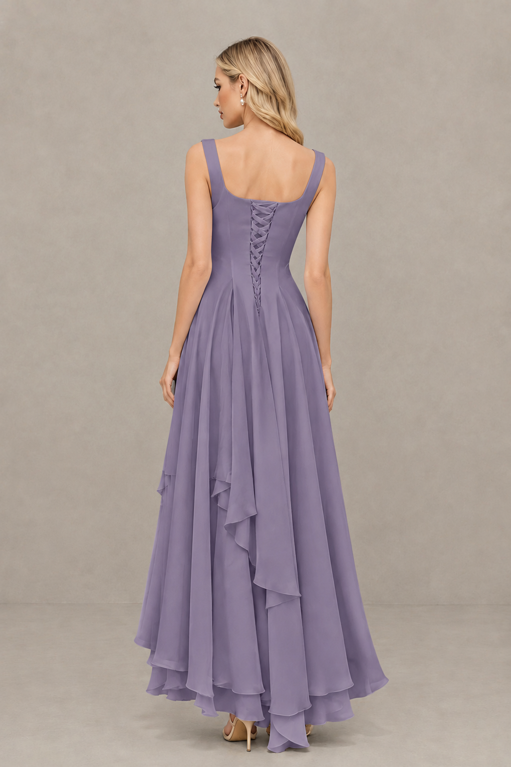 BOLODOO Wisteria Square Neck Chiffon Bridesmaid Dress with Lace-Up Back - Wisteria