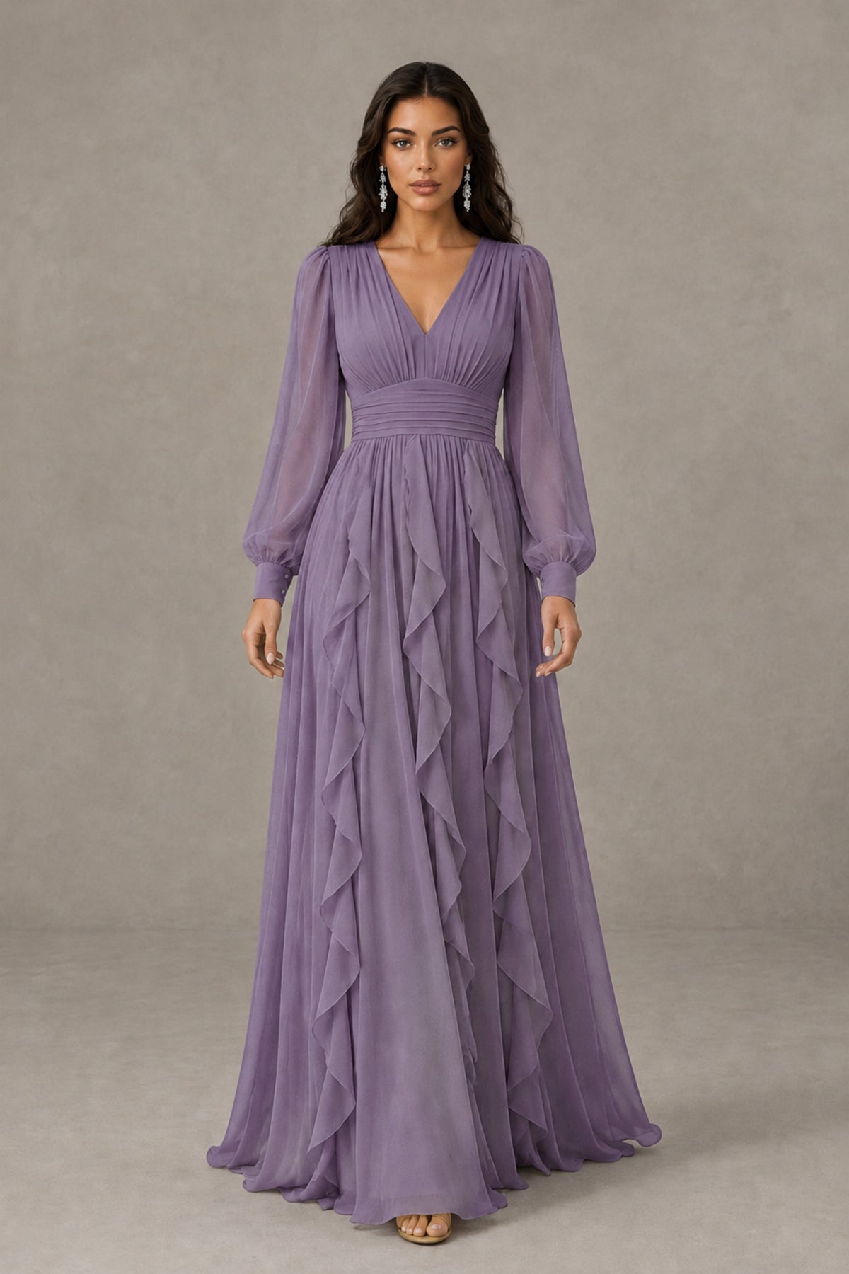 BOLODOO Wisteria Long Sleeve V-Neck Ruffle Maxi Dress - Wisteria