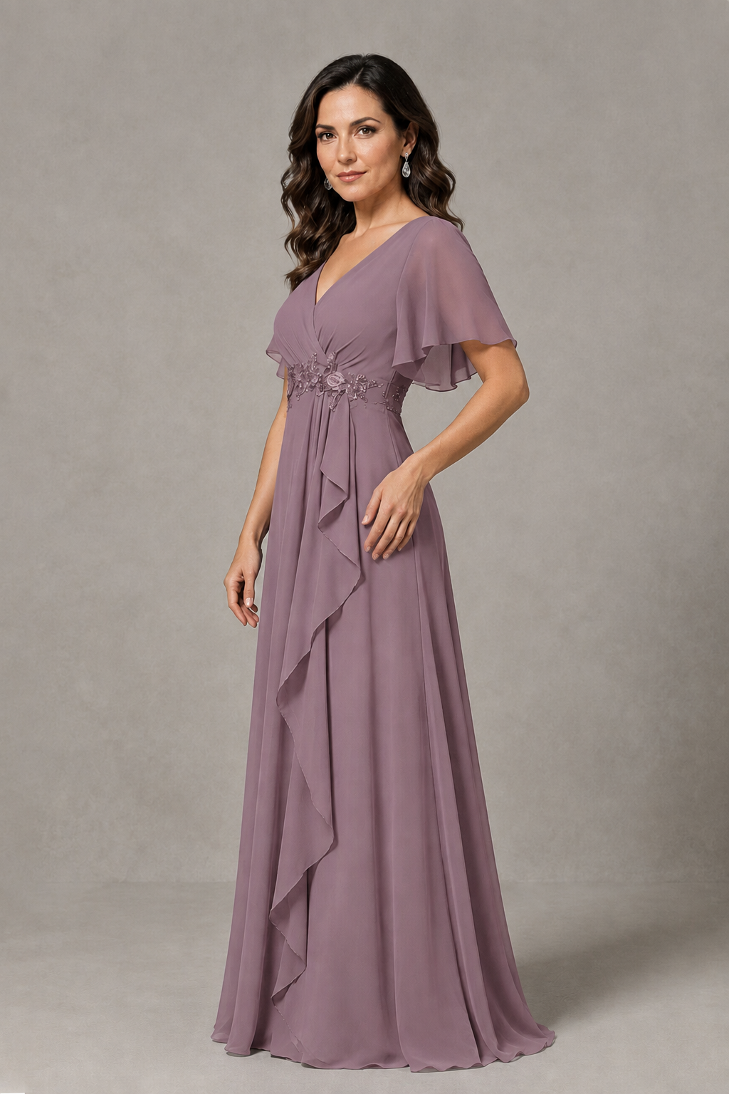 BOLODOO Wisteria Chiffon V-Neck Flutter Sleeve Floral Applique Cascade Ruffle Lace-Up Back A-Line Maxi Evening Dress - Wisteria