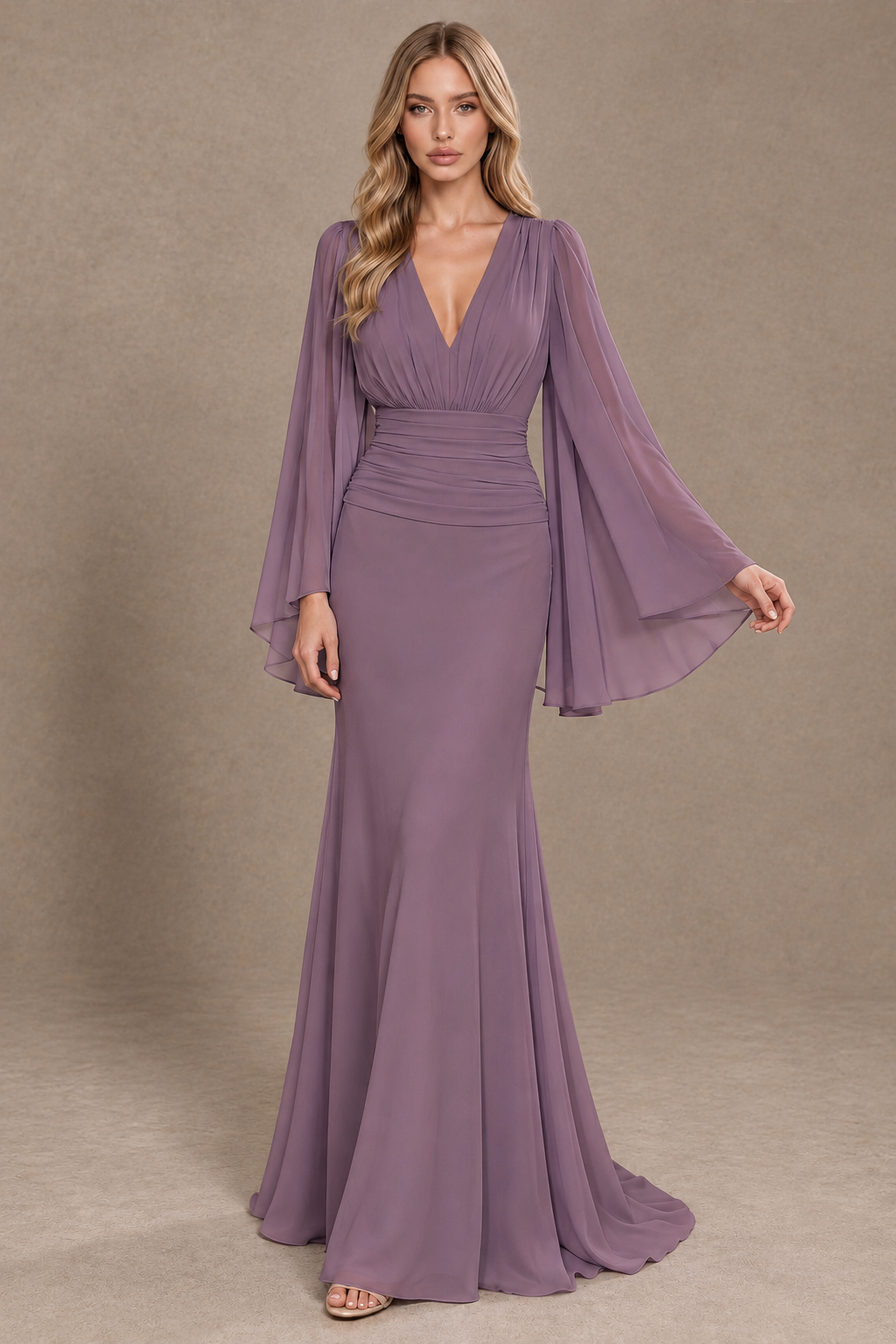 BOLODOO Wisteria Cape Sleeve V-Neck Ruched Chiffon Evening Dress - Wisteria - Wisteria_3
