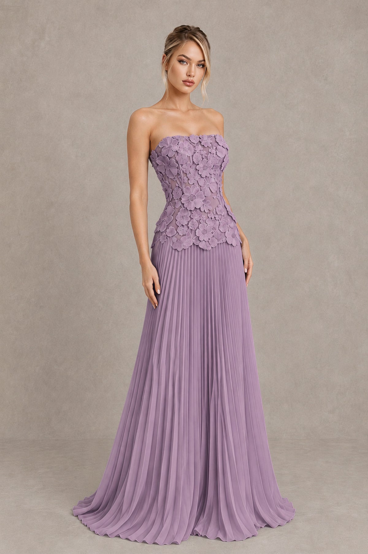 BOLODOO Wisteria Strapless Floral Applique Pleated Evening Dress - Wisteria - Wisteria_3