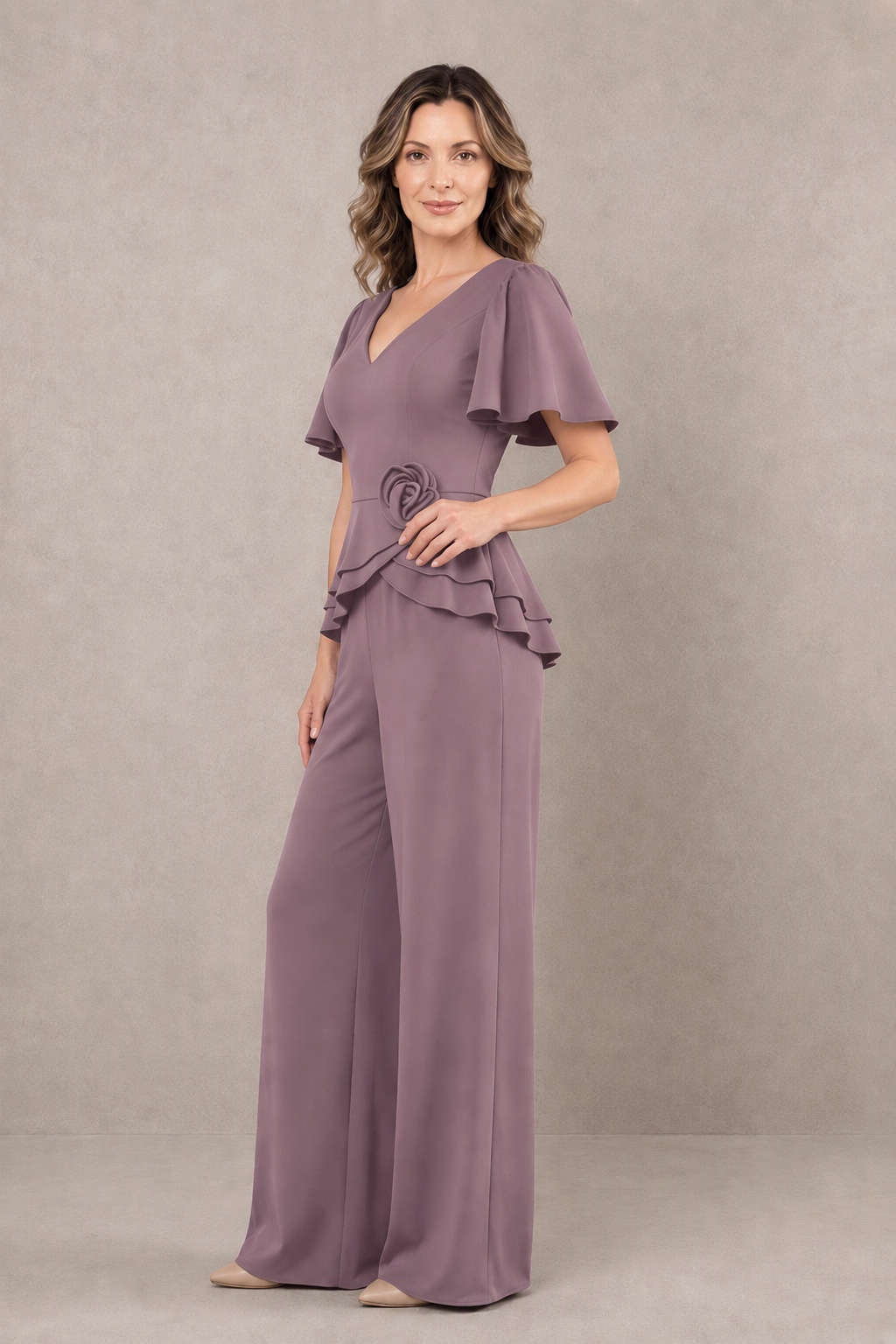 BOLODOO Wisteria Flutter Sleeve Peplum Wide-Leg Pant Suit - Wisteria