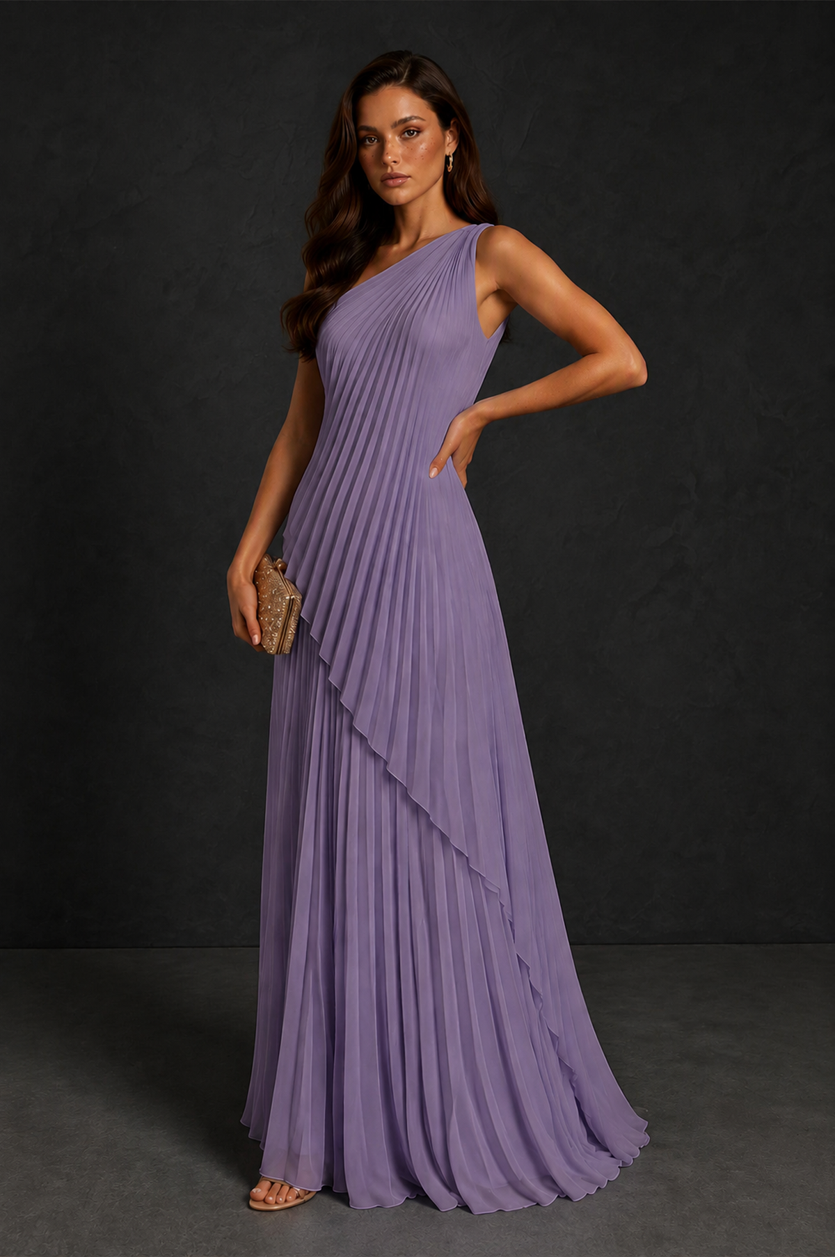 BOLODOO Wisteria One-Shoulder Sunburst Pleated Asymmetric Layered Overlay Accordion Pleated Chiffon Maxi Dress - Wisteria