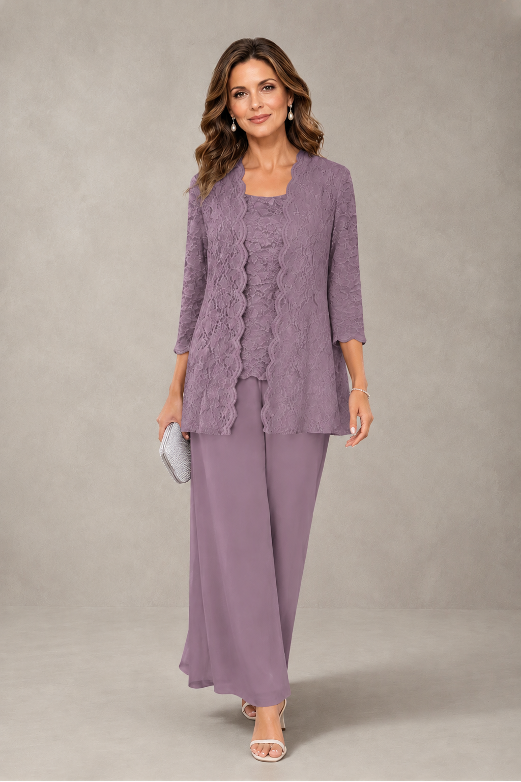 BOLODOO Wisteria 3-Piece Lace Chiffon Pantsuit – Mother of the Bride Wedding Guest with Jacket - Wisteria