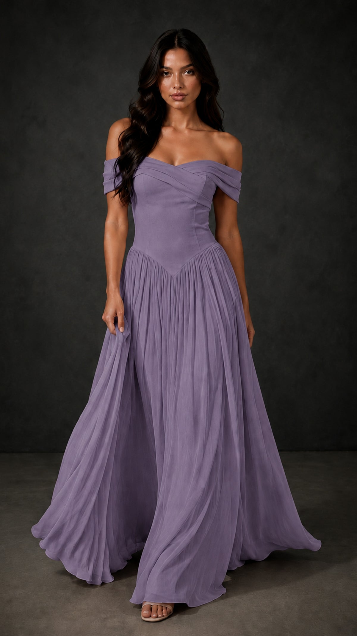 BOLODOO Wisteria Off-Shoulder Sweetheart Corset Pleated Chiffon Maxi Dress - Wisteria