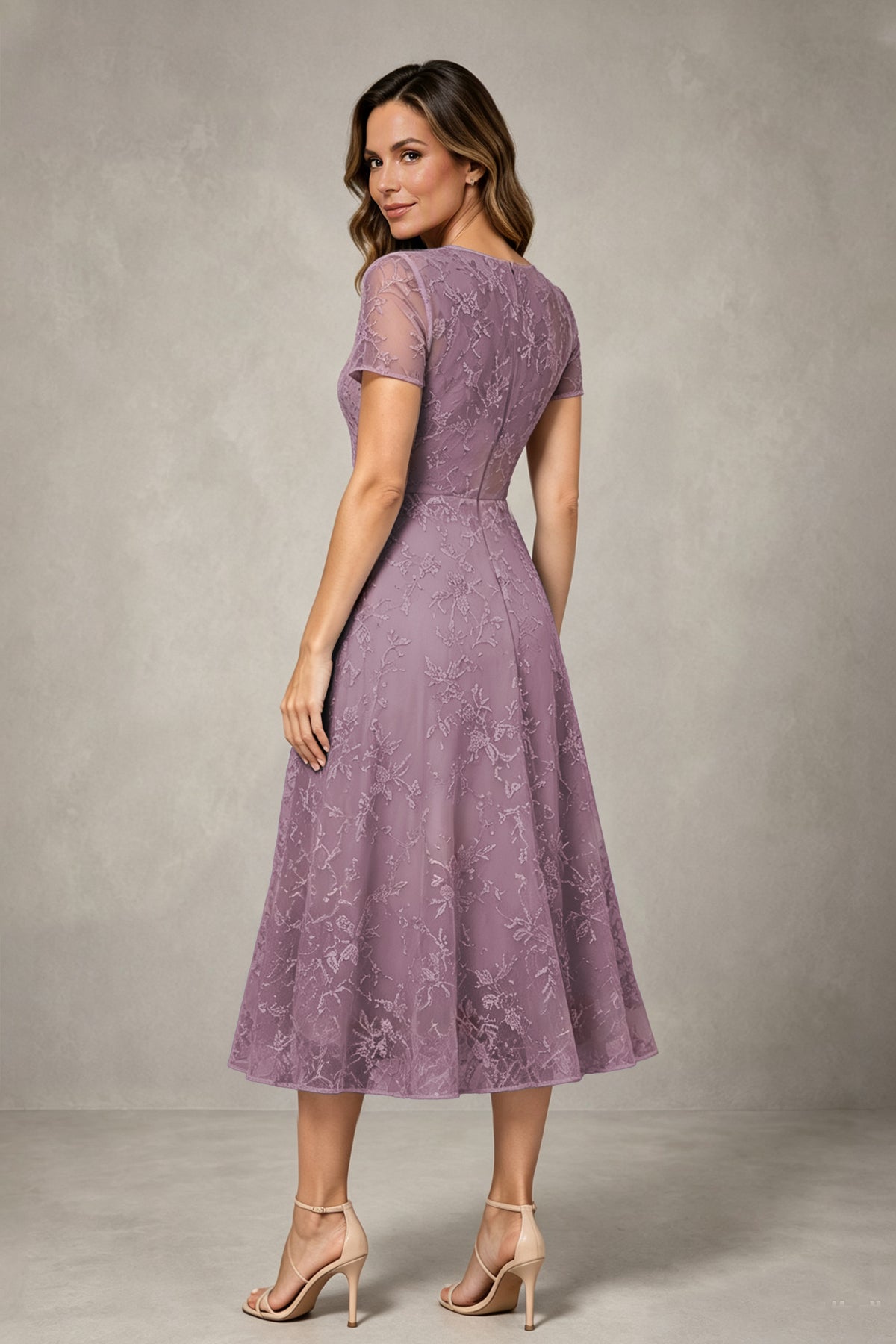 BOLODOO Wisteria Textured Floral A-Line Dress with Short Sleeves - Wisteria