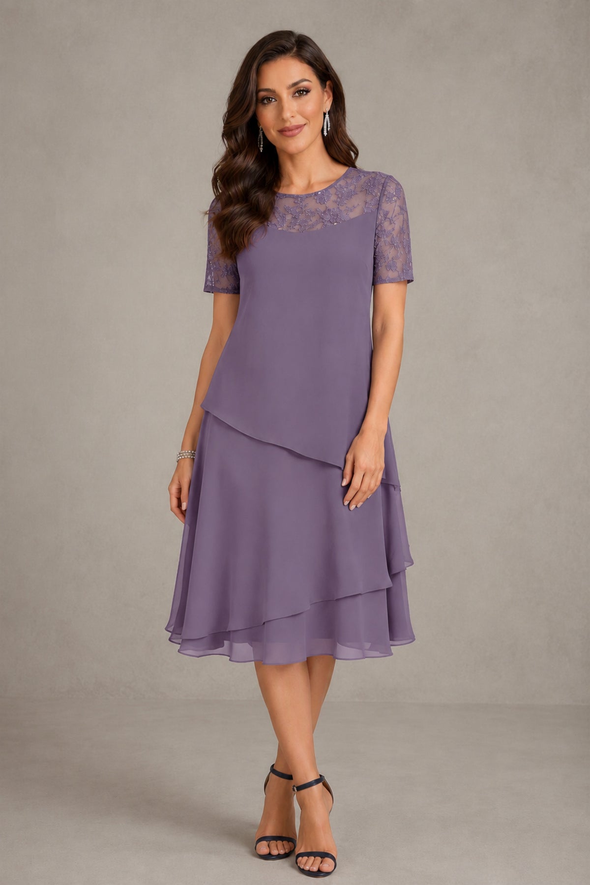 BOLODOO Wisteria Illusion Lace Short Sleeve Tiered Chiffon Tea Length Dress | Mother of the Bride Midi Dress - Wisteria