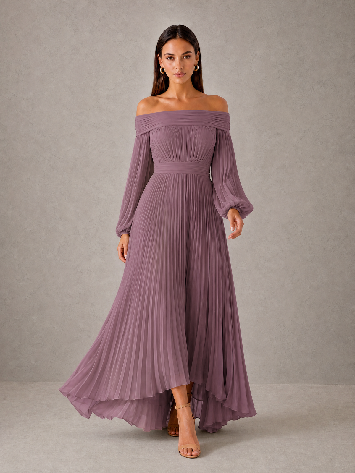 BOLODOO Wisteria Off-Shoulder Long Sleeve Pleated High-Low Dress - Wisteria - Wisteria_3