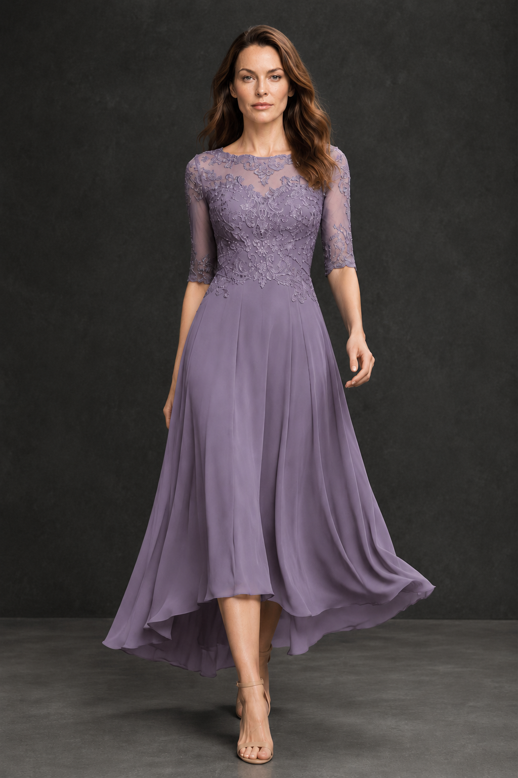 BOLODOO Wisteria Illusion Lace 3/4 Sleeve Hi-Lo Chiffon A-Line Dress | Mother of the Bride Tea Length Dress - Wisteria