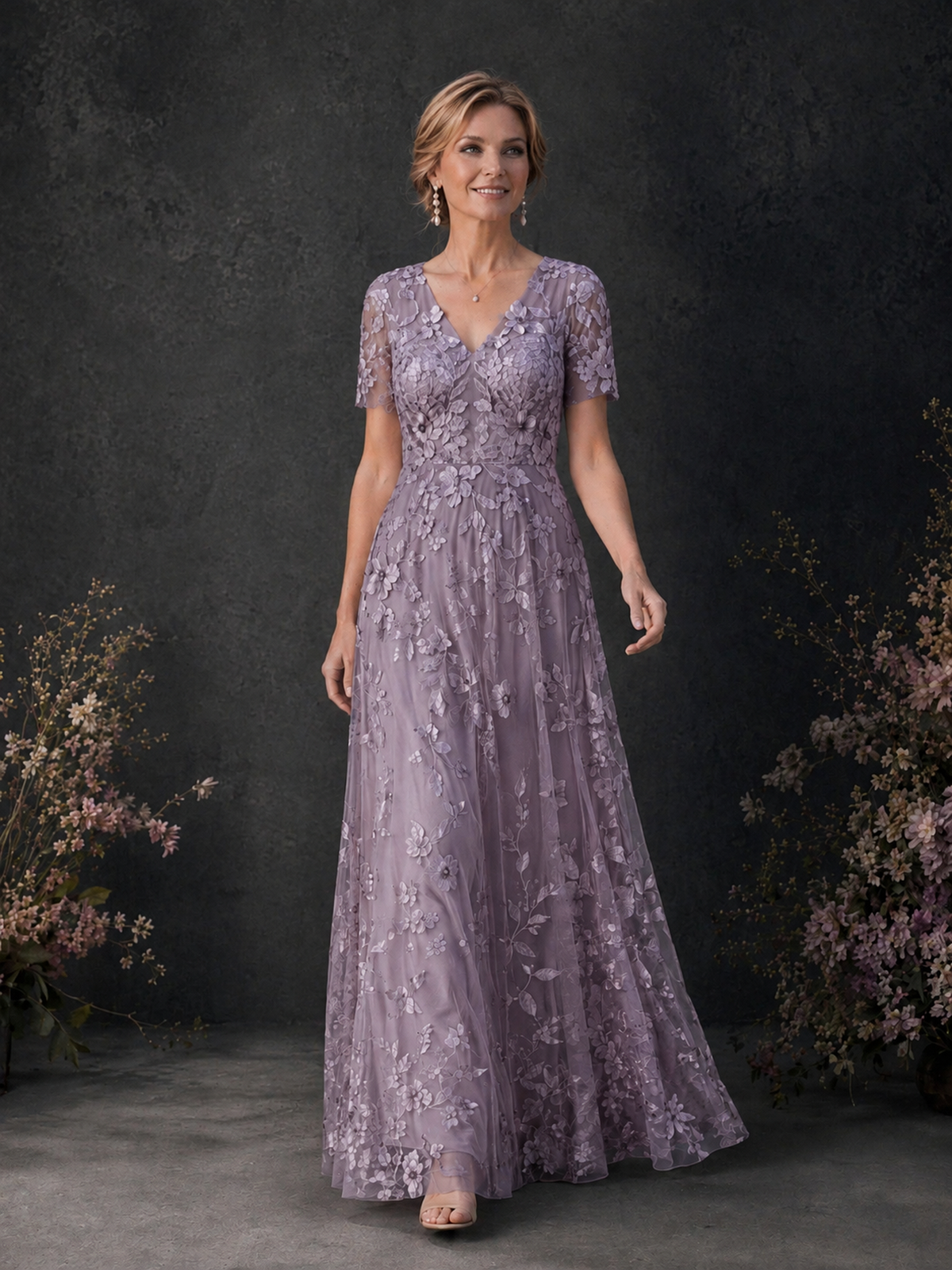 BOLODOO Wisteria 3D Floral Embroidered Lace V-Neck Short Sleeve A-Line Maxi Dress - Wisteria