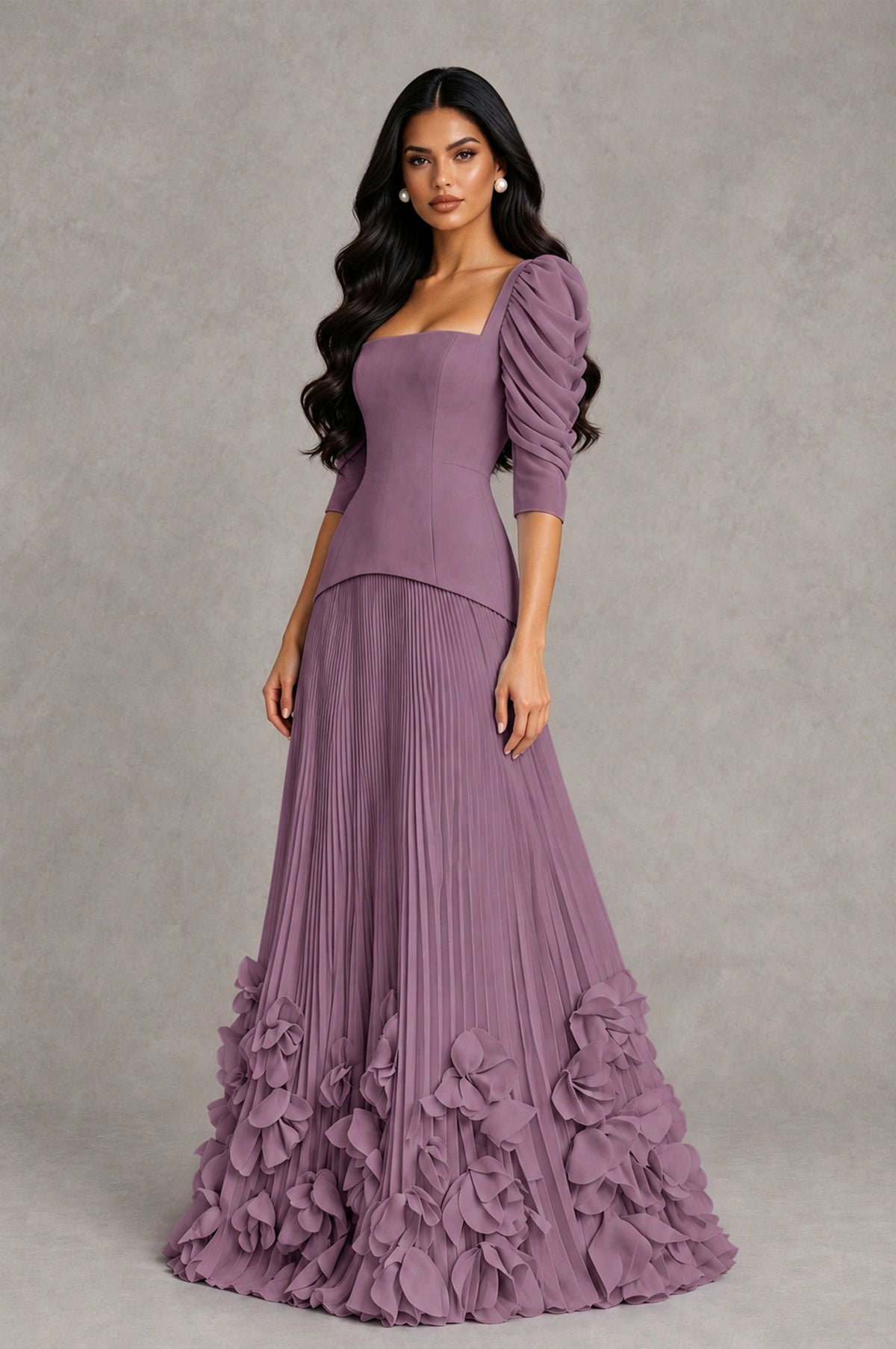 BOLODOO Wisteria Square Neck Pleated Floral Applique Evening Dress - Wisteria - Wisteria_3