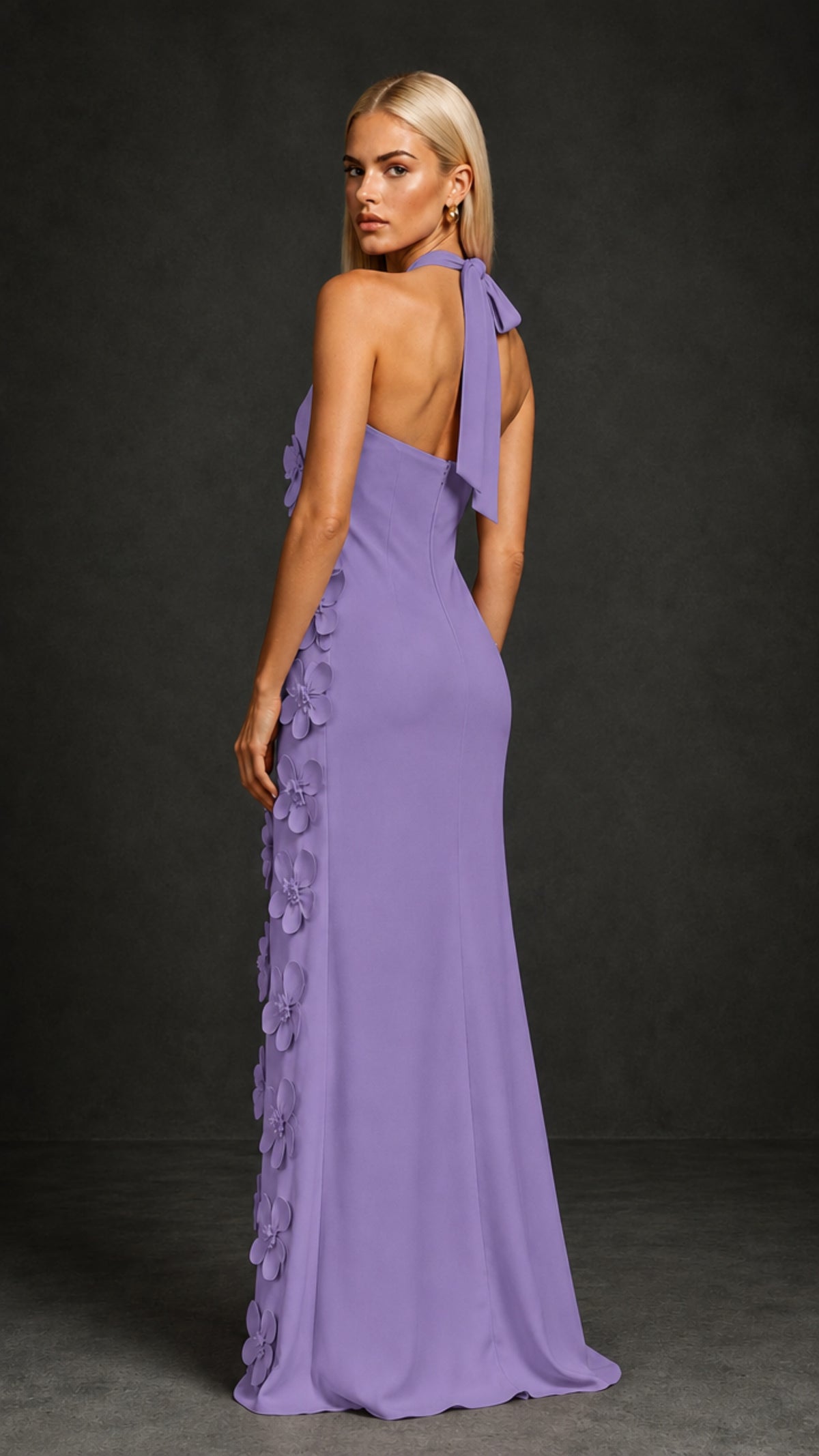 BOLODOO Wisteria Cross Halter Neck 3D Floral Appliqué Backless Mermaid Maxi Gown - Wisteria