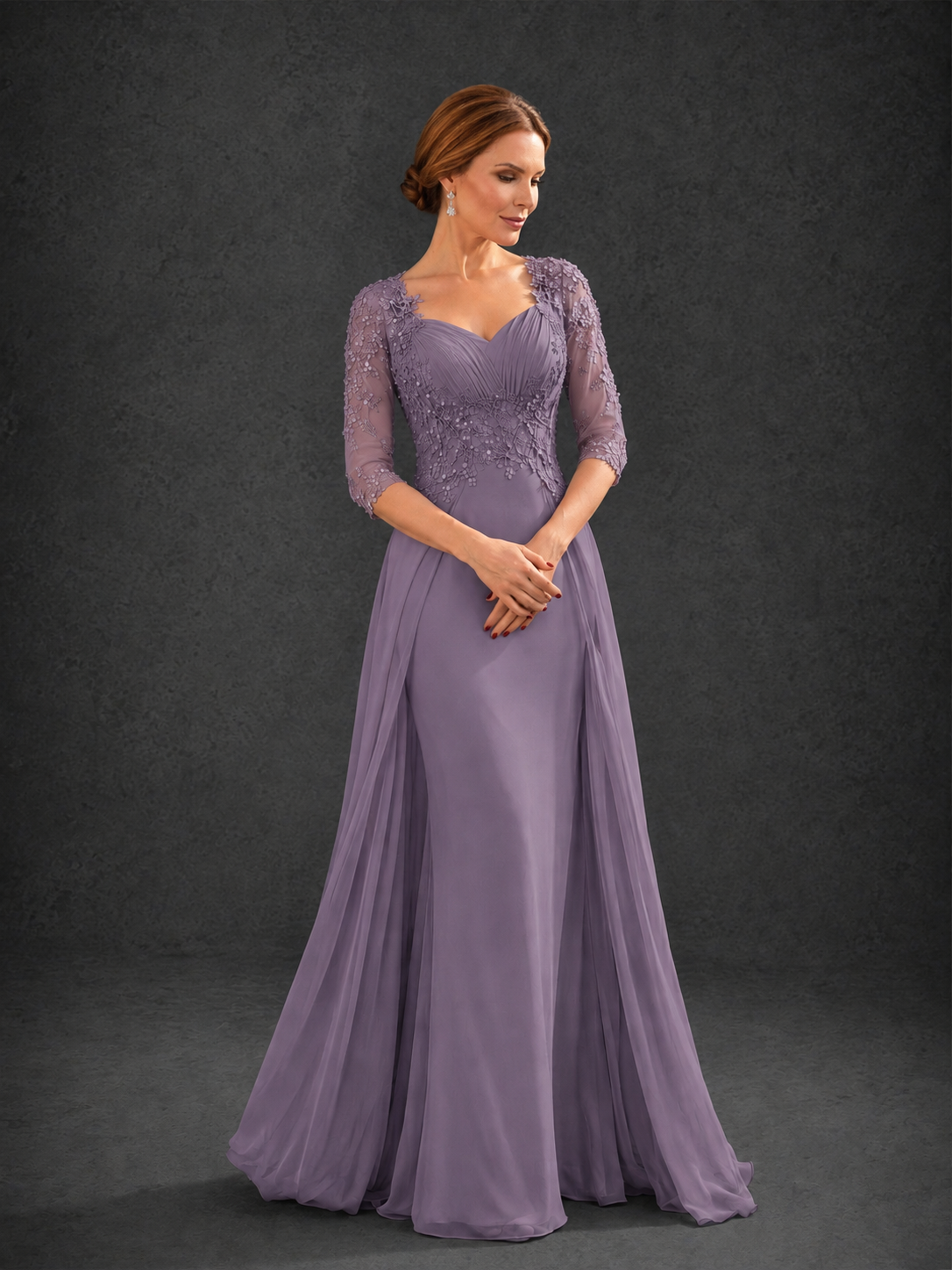 BOLODOO Wisteria Sweetheart Neck 3/4 Sleeve Floral Lace Illusion Bodice Chiffon A-Line Gown - Wisteria