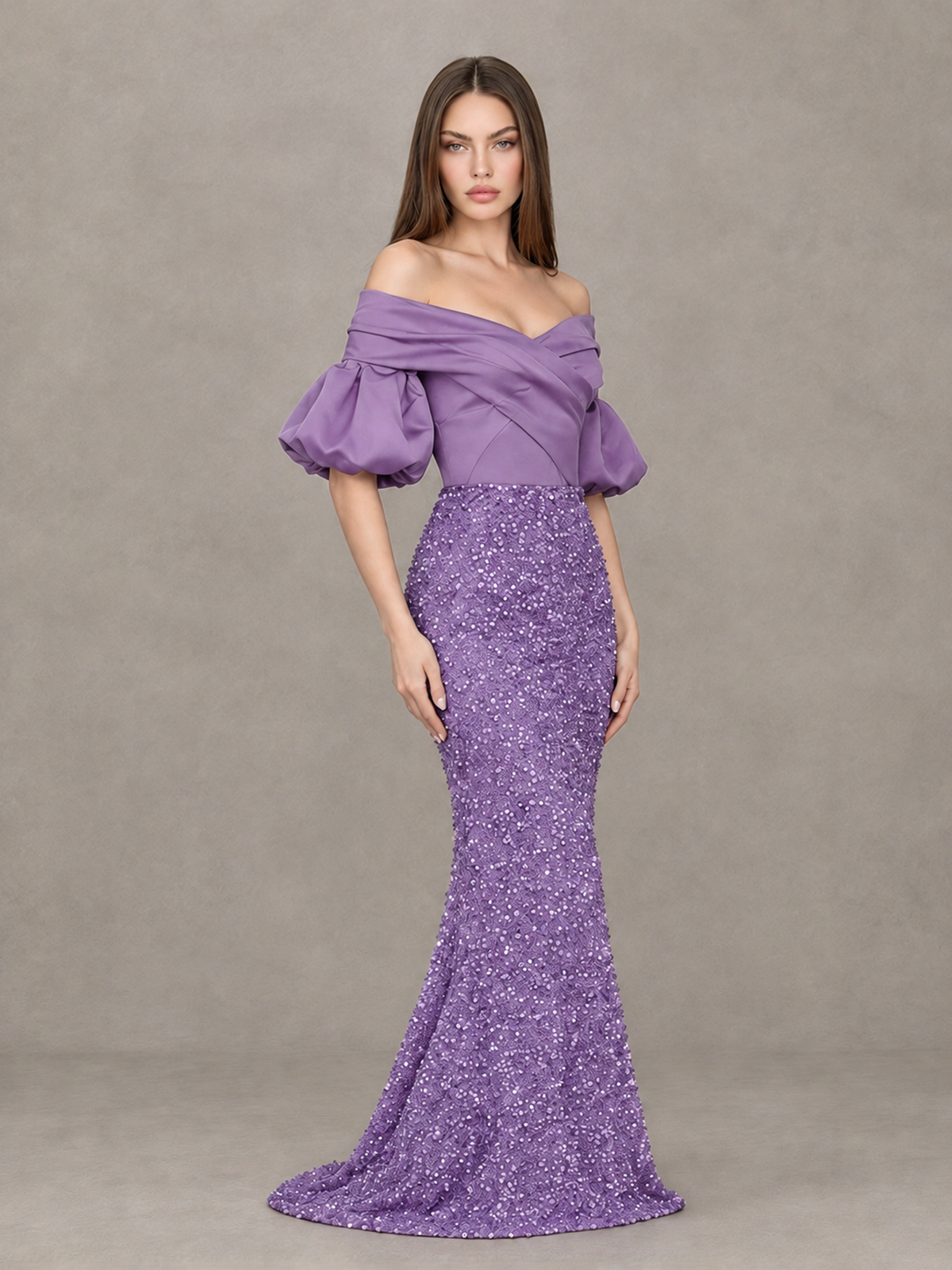BOLODOO Wisteria Off-Shoulder Puff Sleeve Sequin Mermaid Evening Dress - Wisteria - Wisteria_3