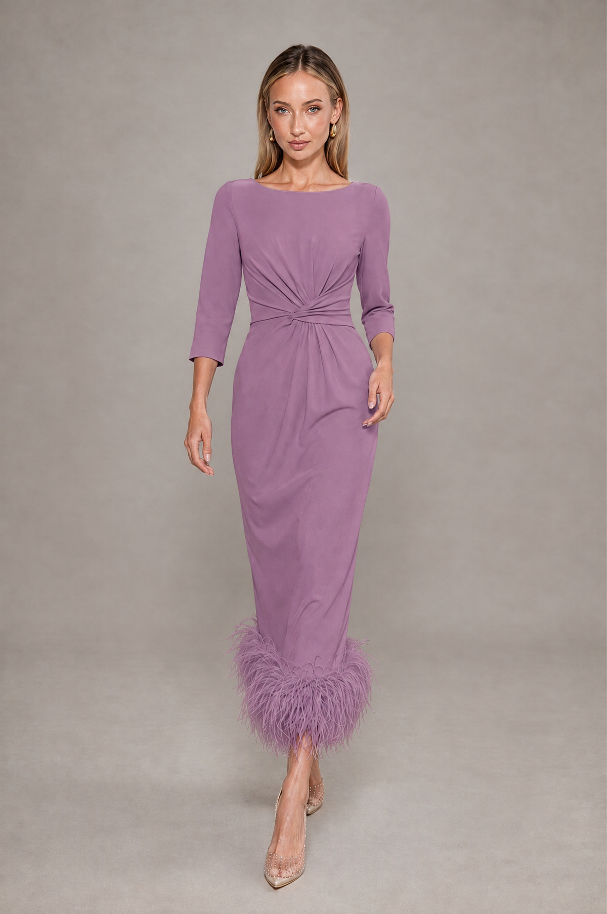 BOLODOO Wisteria Feather-Trim Twist-Waist Midi Dress - Wisteria - Wisteria_3