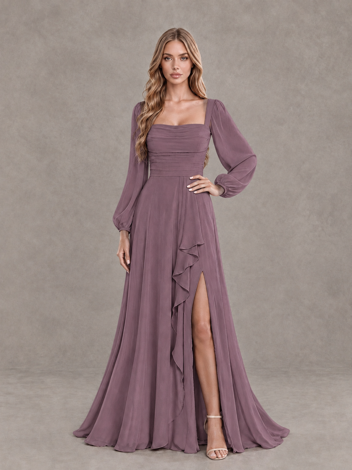 BOLODOO Wisteria Square Neck Long Sleeve Bridesmaid Dress with Ruffle Slit - Wisteria - Wisteria_3