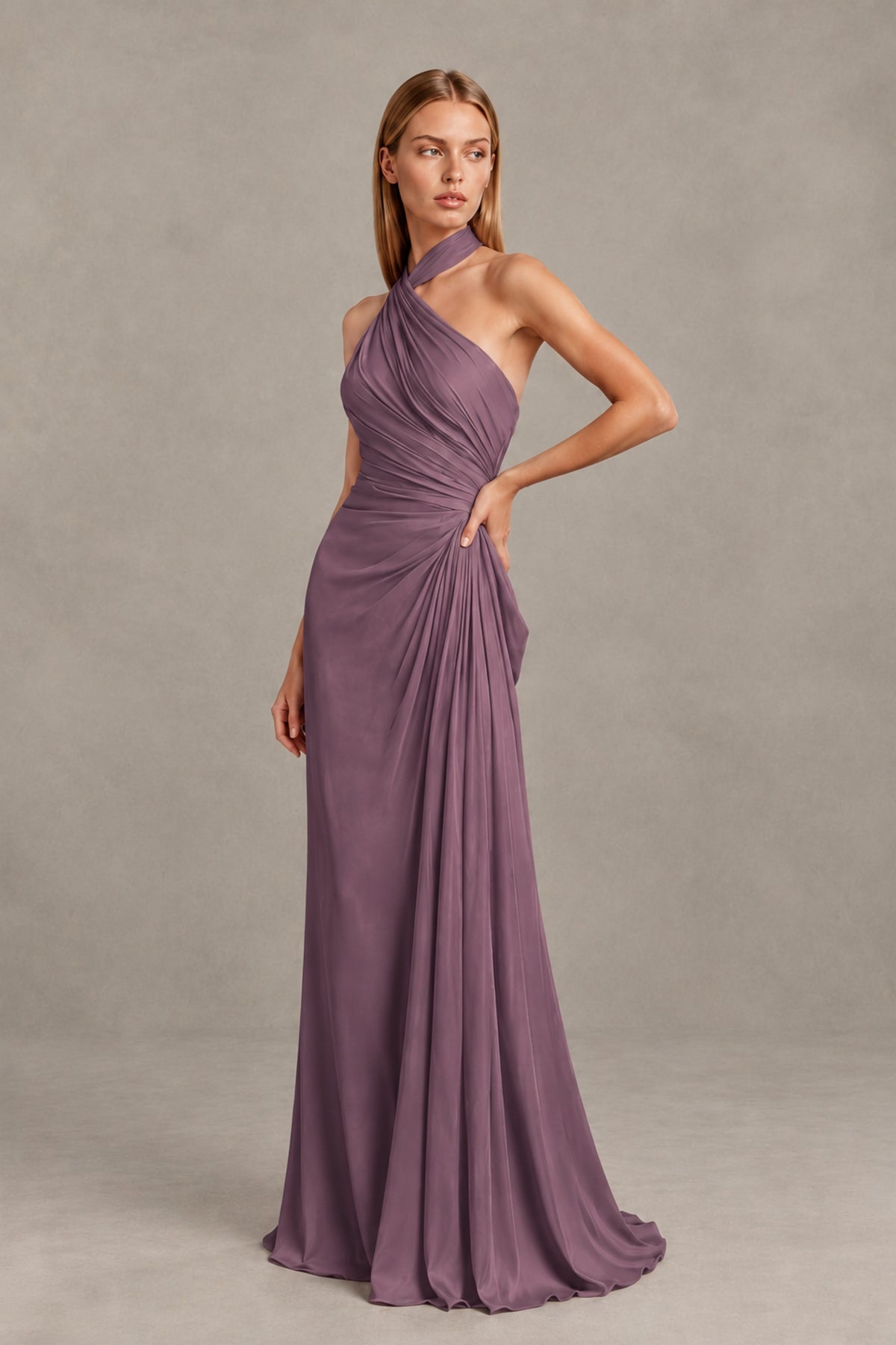 BOLODOO Wisteria Twisted Halter Neck Ruched Sleeveless Open Back Floor-Length Gown - Wisteria - Wisteria_3
