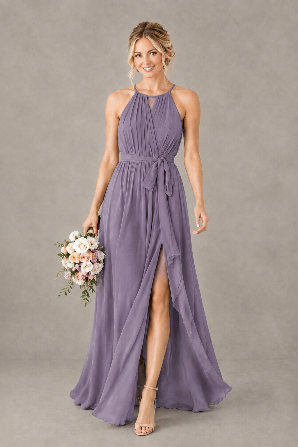 BOLODOO Wisteria Halter Chiffon Bridesmaid Dress with High Slit - Wisteria