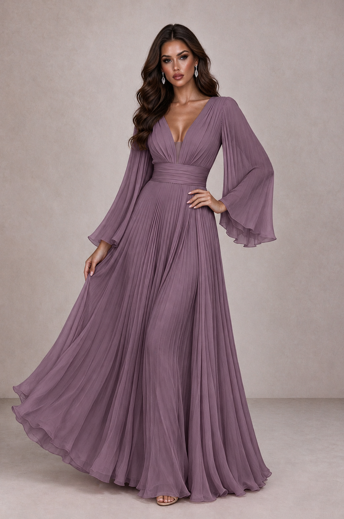 BOLODOO Wisteria Pleated Deep V-Neck Long Bell Sleeve Evening Dress - Wisteria - Wisteria_3