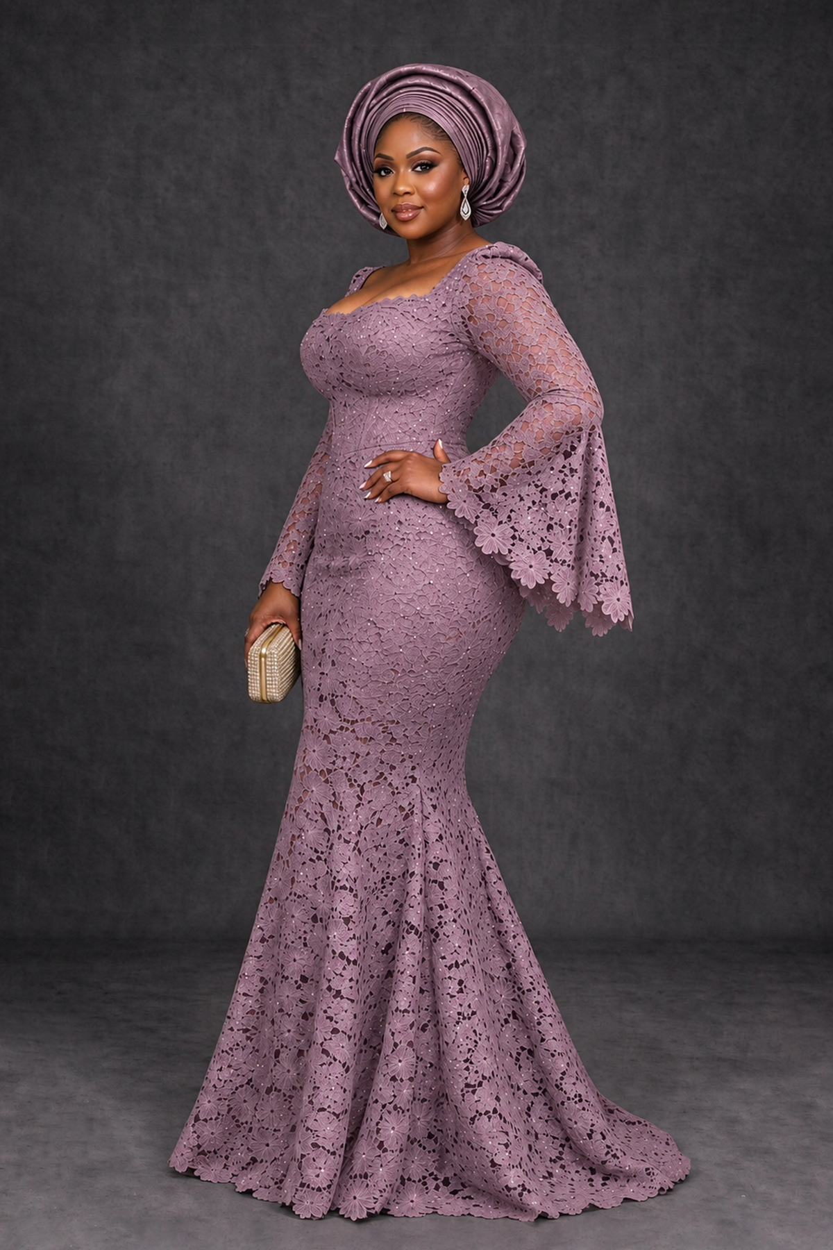 BOLODOO Wisteria African Lace Mermaid Dress, Plus Size Nigerian Wedding Guest Gown with Bell Sleeves - Wisteria - Wisteria_3